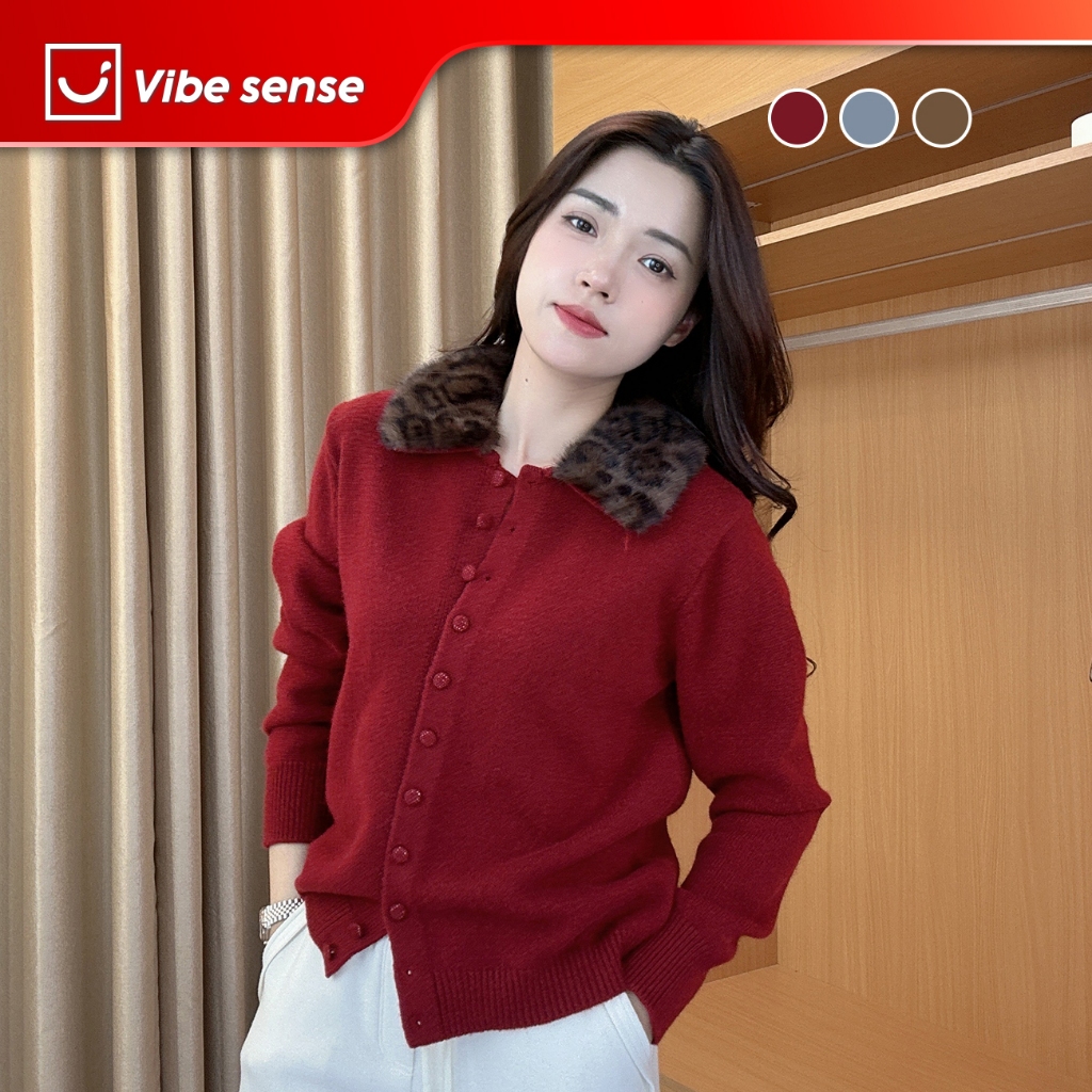 Vibe Sense เสื้อโค้ทขนสัตว์ผู้หญิง เสื้อสเวตเตอร์ติดกระดุมคอปกขนสัตว์ VBA068