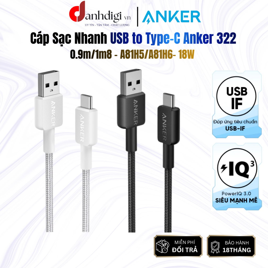 Anker 322 18W Nylon Cable III USB-A to USB-C Fast Charging Cable - ความยาว 0.9/1.8m - A81H5/A81H6