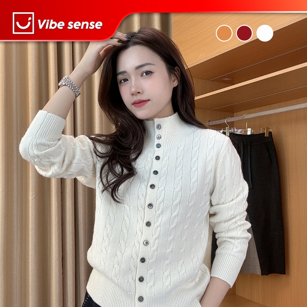 Vibe Sense เสื้อสเวตเตอร์ติดกระดุมคอปกสูงของผู้หญิง คาร์ดิแกนผ้าวูลบิดคอปกสูง VBA081
