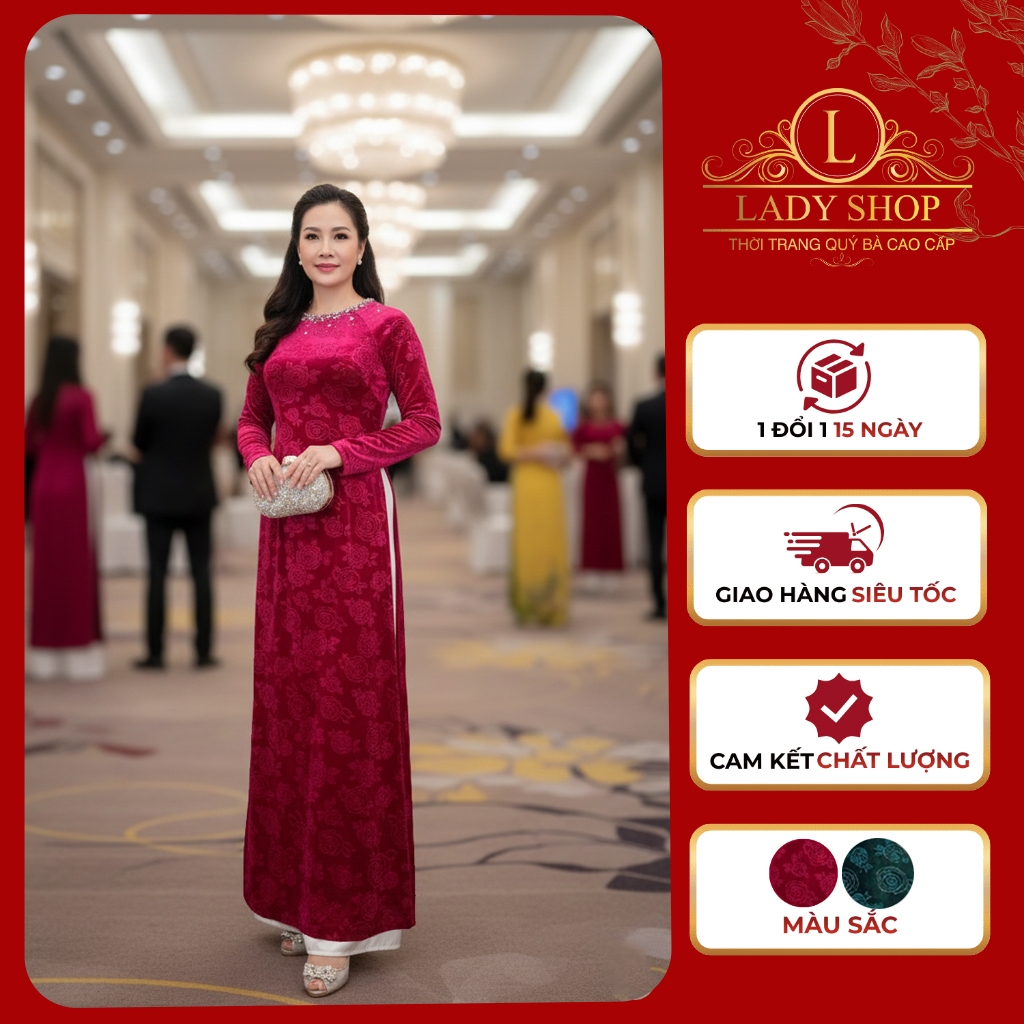 [PANT NOT INCLUDED] Ladyshop กํามะหยี่ดอกไม้แขนยาวแฮนด์เมด Ao Dai แฟชั่นวัยกลางคนระดับไฮเอนด์ T598