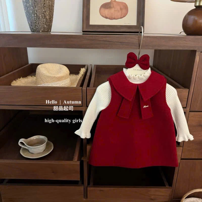 (PT) ชุดราตรีสีแดงสําหรับสาวไซส์ 5-18กก. แขนสั้น ผ้าสักหลาดสีแดง สําหรับเด็กผู้หญิง (GIVE A GIFT IN0