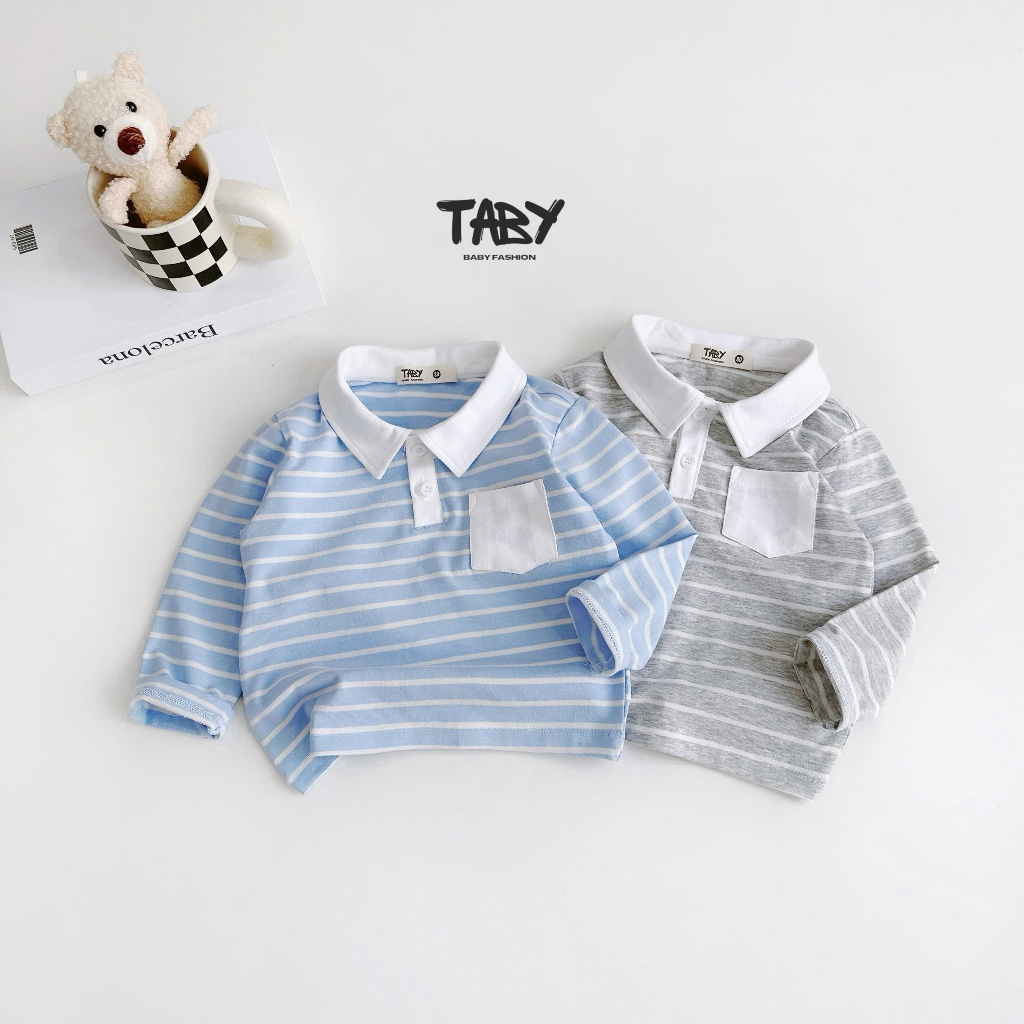 [TABY] เสื้อโปโลลายทางแขนยาวมีกระเป๋าที่หน้าอกวัสดุยืดหยุ่นและคอปกกระดุมสําหรับเด็กผู้ชาย 8-27กก. SA