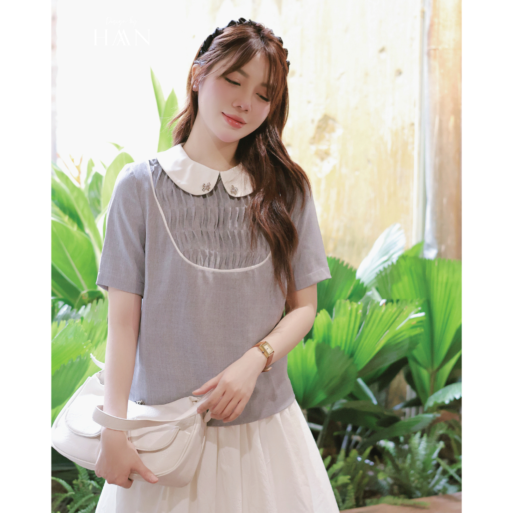 เสื้อเชิ้ตสํานักงานผู้หญิงดีไซน์ปกบัวที่อ่อนโยนในการออกแบบเมาส์สีเทา HAAN SM902