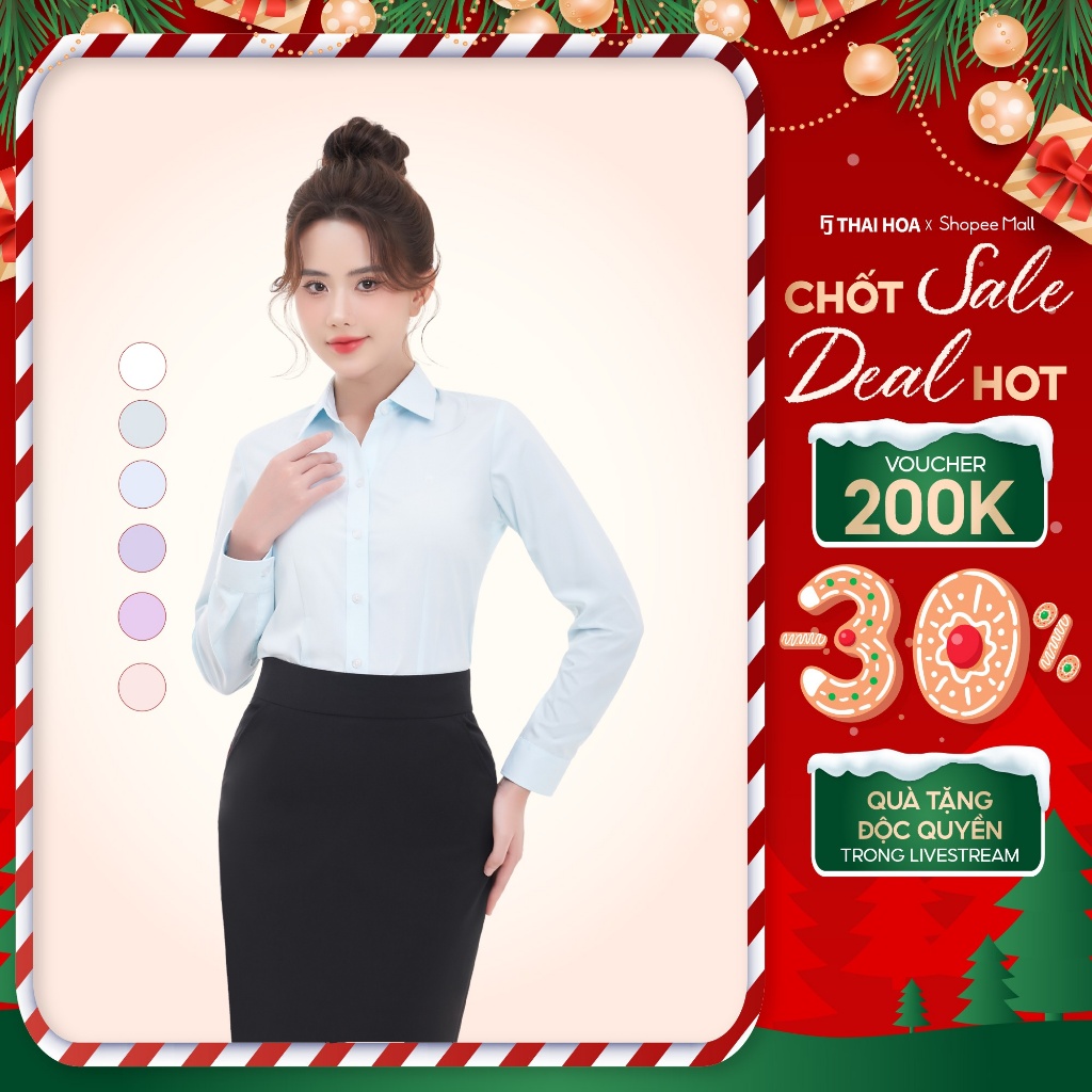 เสื้อเชิ้ตผู้หญิง ASW0101-R04 ผ้าคอตตอนลายสก๊อตแขนยาว ทรงเข้ารูป สีขาวไทยหลากสี