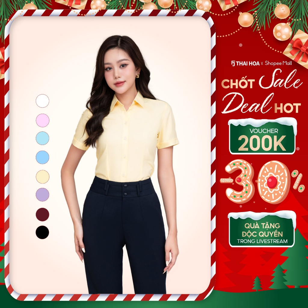 เสื้อเชิ้ตผู้หญิง ASW0301-R01 ผ้าคอตตอนธรรมดาแขนสั้นหลากสี ทรงเข้ารูปไทยโฮอา