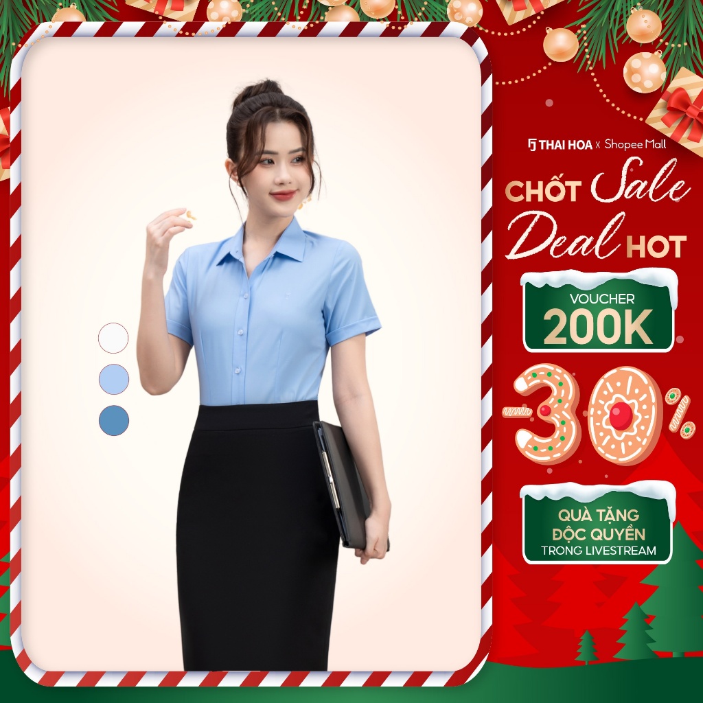 เสื้อเชิ้ตแขนสั้นผู้หญิง Thai Hoa 25ASW-267 ผ้าคอตตอนไม้ไผ่คุณภาพสูง รุ่นกระดุมมีขอบเอวคุณภาพสูง