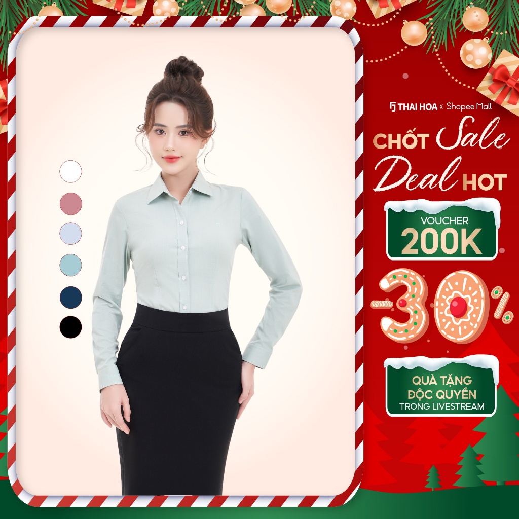 เสื้อเชิ้ตแขนยาวผู้หญิง ASW0101-R11 เอสเซ้นส์ใยไผ่ ผ้าเป็นรอยขีด แบบไทย Hoa แบบบาง เสื้อเชิ้ตผู้หญิง