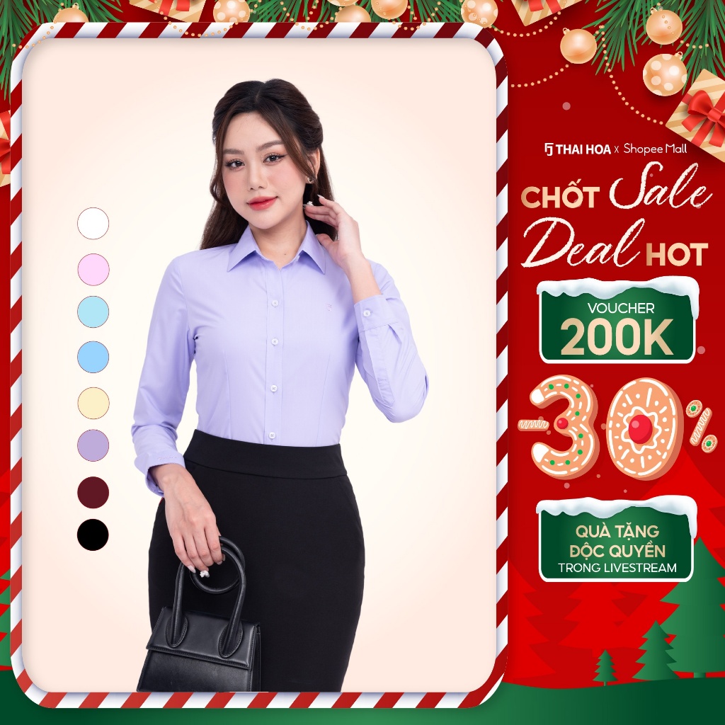 เสื้อเชิ้ตผู้หญิง ASW0101-R01 แขนยาว ทรงเข้ารูป ผ้าคอตตอนสีพื้น สีไทยโฮอา