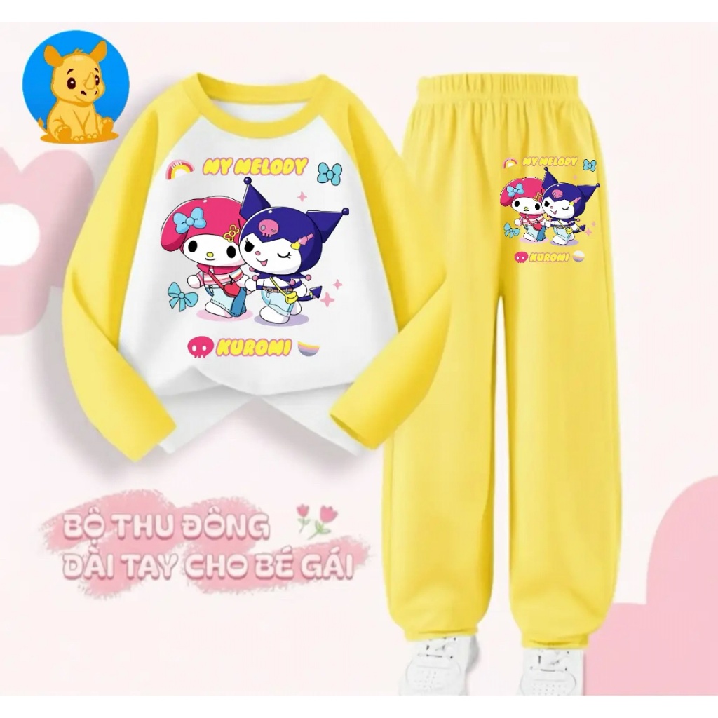 DM303 - แรด เด็ก ๆ ชุดฤดูใบไม้ร่วง-ฤดูหนาวสําหรับเด็กผู้หญิงพิมพ์ลายคุโรมิและเมโลดี้น่ารักผ้าฝ้ายนุ่