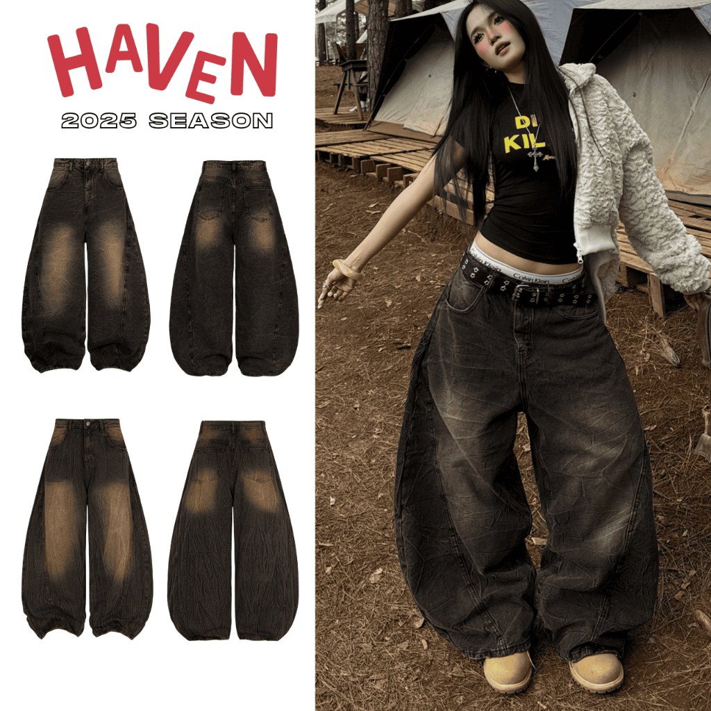 Haven Studio กางเกงยีนส์ขาโค้งสีน้ําตาลพร้อมเอฟเฟกต์ BROKEN ขากว้างย้อนยุคแนวนอนและแนวตั้ง