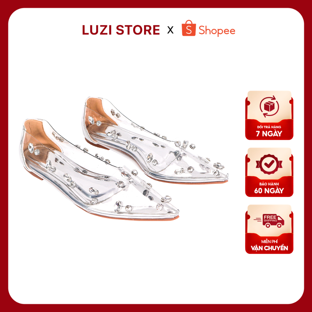 Luzi รองเท้าโลฟเฟอร์ส้นแบนสําหรับผู้หญิงทําจากวัสดุไมก้าโปร่งใสรองเท้าหัวปิดประดับเพชรหรูหรา M179