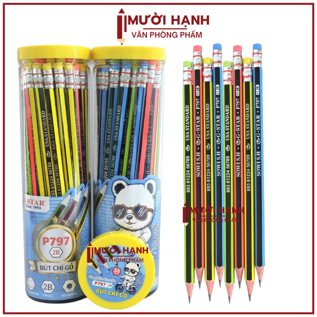 [P797] ดินสอดํา CAN of 36 2B - ดินสอดํา 2B พร้อมตัวไม้และแถบหลายสี พร้อมยางลบ G-Star/ GStar P 797/ P