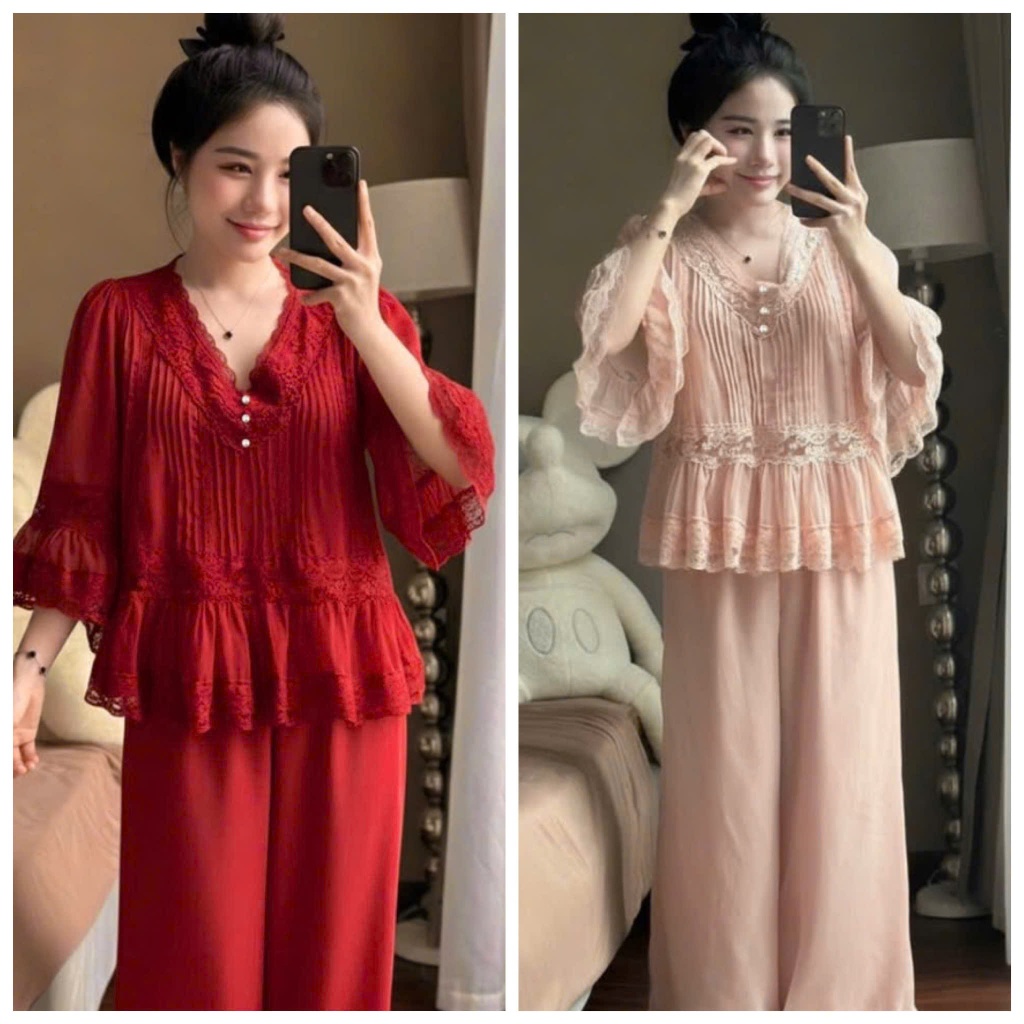 ชุดนอน Ladys Home Wear เสื้อคอวีอัดพลีทน่ารัก ผ้าไหมลาติเนื้อนุ่มและเย็น ฟรีไซส์ 40-58kg.