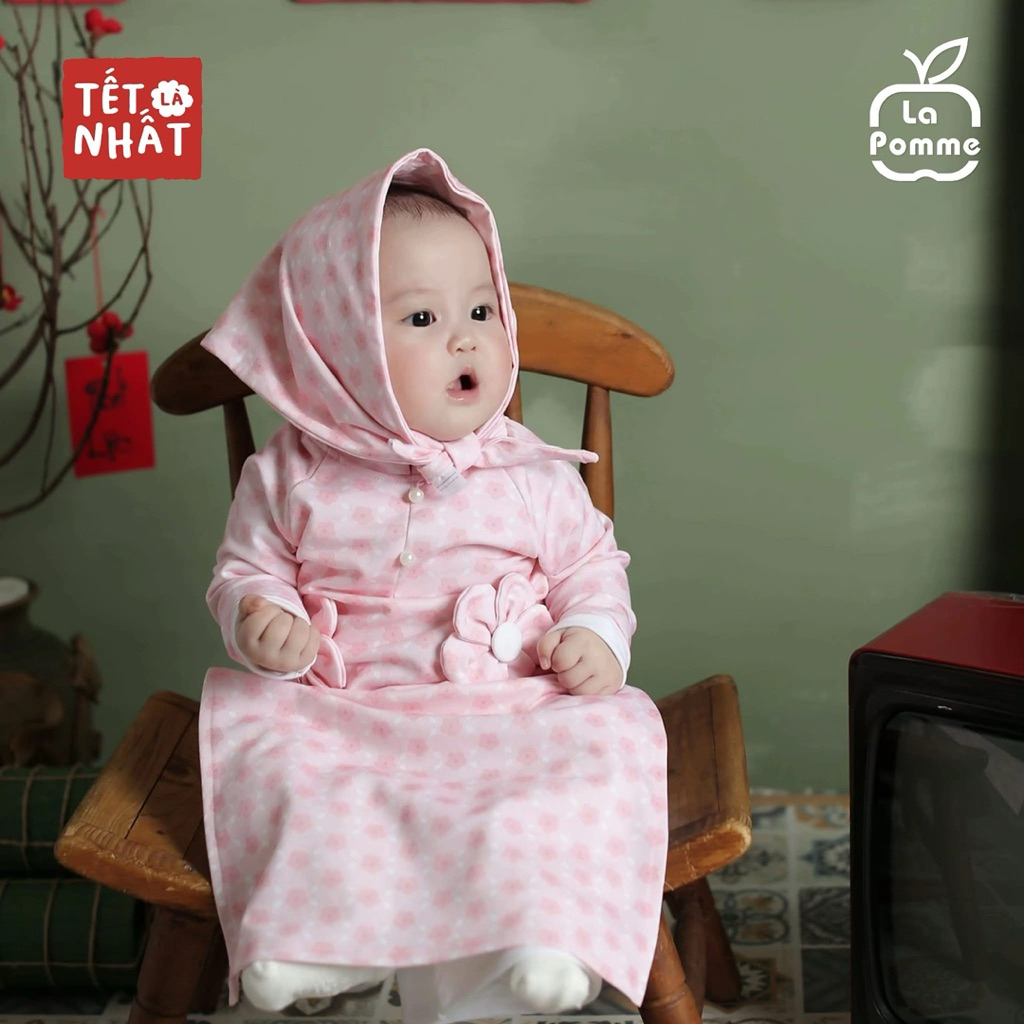 La Pomme - Floral plaited ao dai พร้อมผ้าพันคอสําหรับเด็ก (FREE Fan) ขนาด 6m 9m 12m 18m 24m 3y 4y 5y