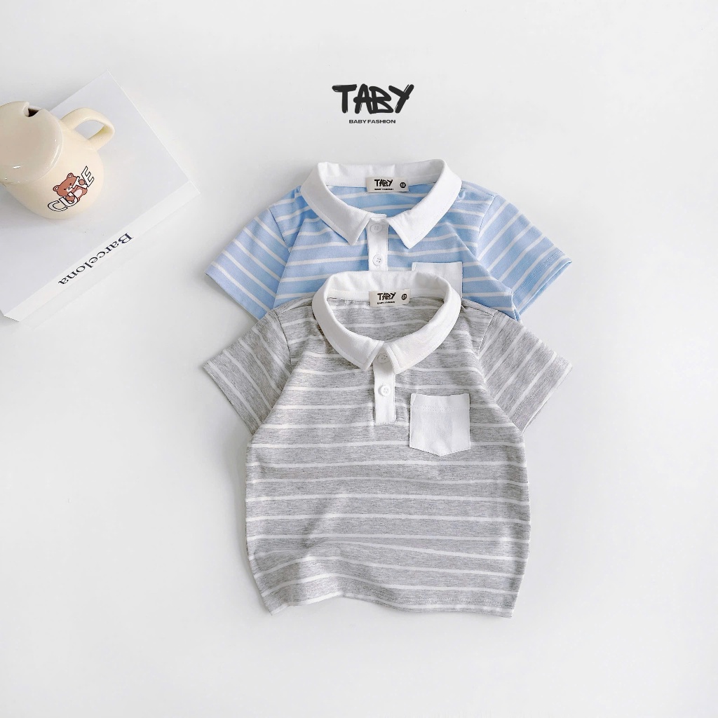 [TABY] เสื้อโปโลลายทางแขนสั้นมีกระเป๋าที่หน้าอกวัสดุยืดหยุ่นและคอปกกระดุมสําหรับเด็กผู้ชาย 8-27กก. S