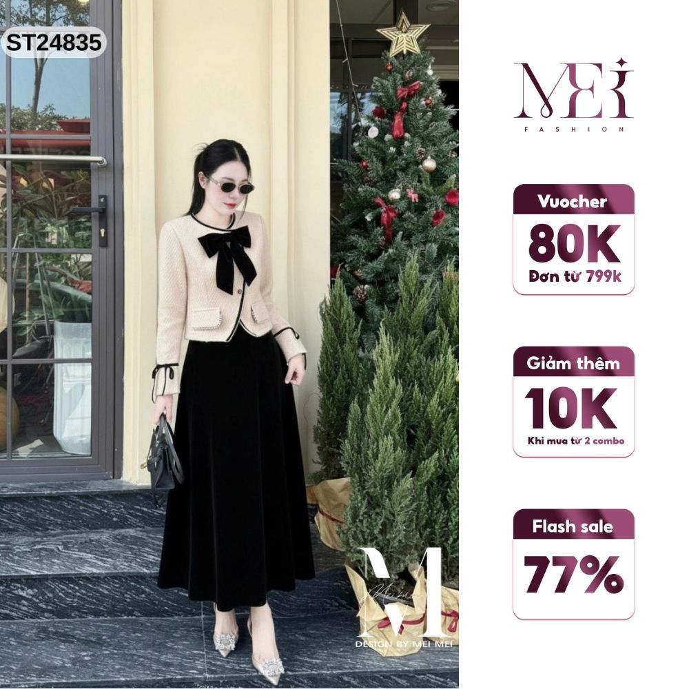 MeiMei ชุดสตรีชุดรอบคอชุดราตรีคอโบว์และกระโปรงกํามะหยี่ยาวหรูหรา ST24835 Ver3