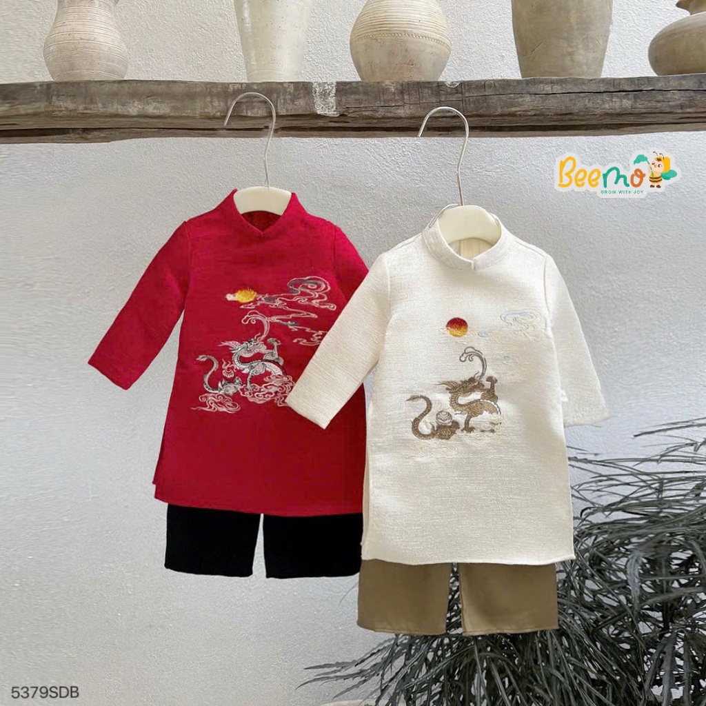 Van long ao dai สําหรับ Tet คอเรือปักมังกร ao dai ชุดพร้อมกางเกงขาสั้นผ้าไหมสําหรับเด็กผู้ชาย 5379sd