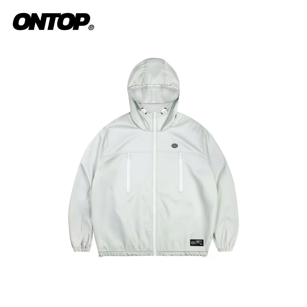 ONTOP เสื้อกันลม 2 ชั้นสําหรับผู้หญิงมีฮู้ดสีเทา กระเป๋าคาดหน้าอกแนวตั้งที่โดดเด่น 2 ช่อง เสื้อแจ็คเ