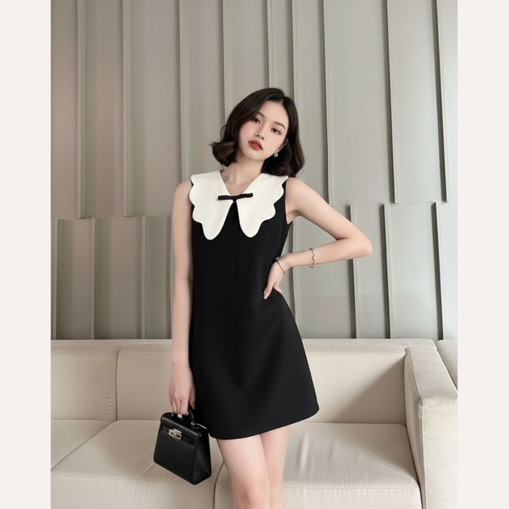 Linly Store เดรสผู้หญิงคอปกและผ้าทวีตหลวม V-VPC1