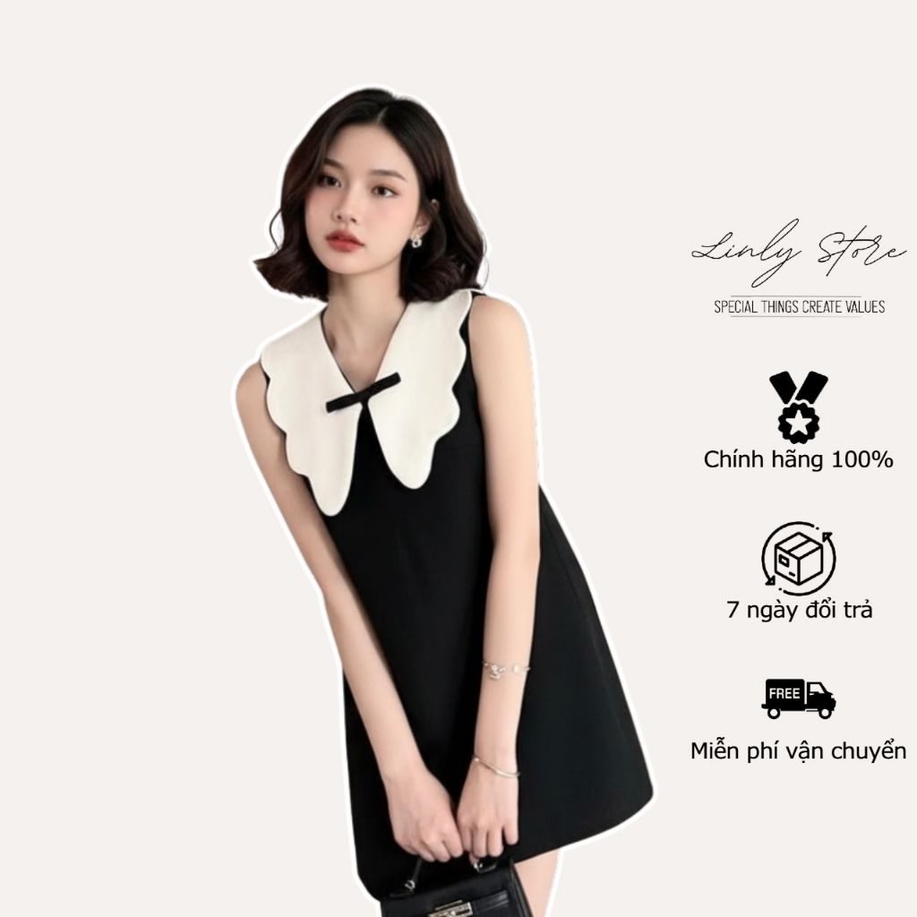 Linly Store เดรสผู้หญิงคอปกและผ้าทวีตหลวม V-VPC1