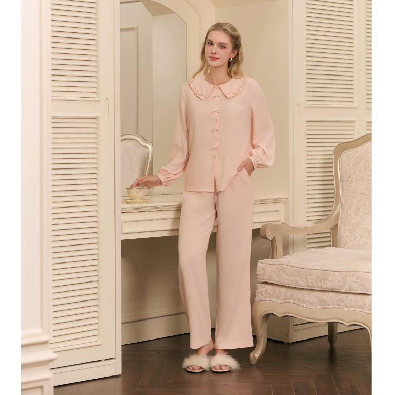 [เปิดดีล] ชุดนอนสตรีแขนยาวฤดูใบไม้ร่วง-ฤดูหนาวชุดคอปกนัวเนียอ่อนโยนทําจากผ้าฝ้ายนุ่มสบาย- BDD03