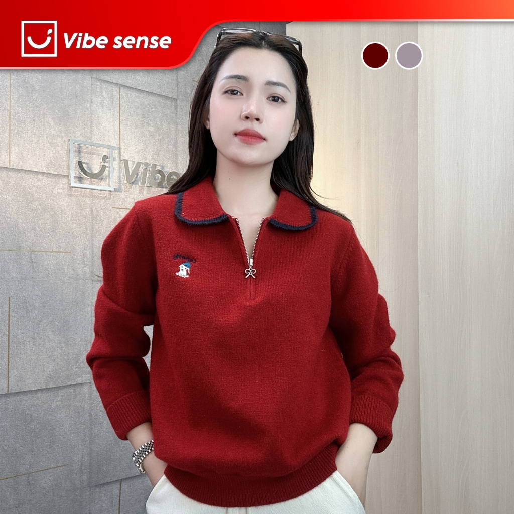 Vibe Sense เสื้อสเวตเตอร์มีซิปแขนยาว, เสื้อสเวตเตอร์ซิปคอปกเปิดลง VBA072