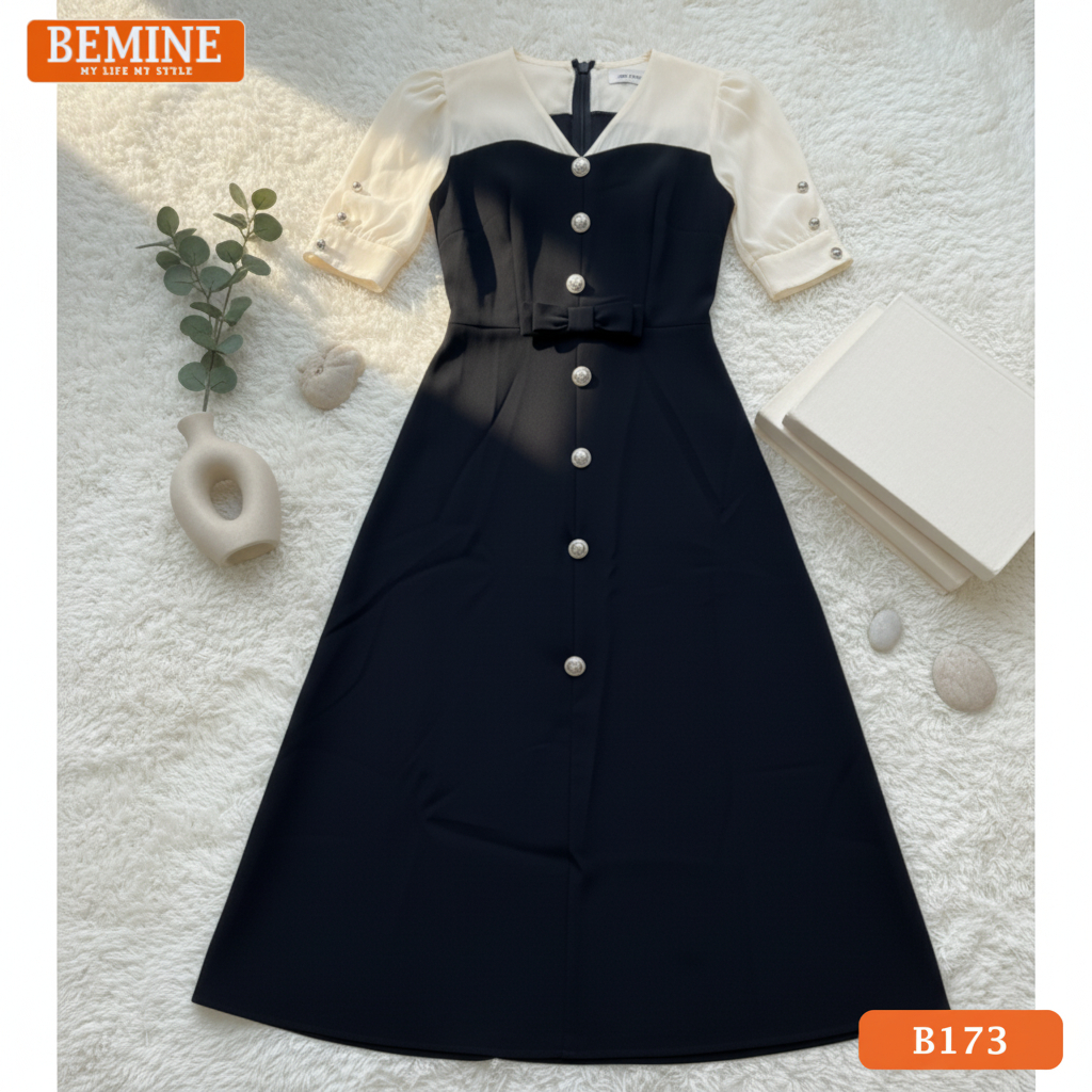 BEMINE เดรสคอวีแขนทรงเอ เหมาะสําหรับทํางานหรือปาร์ตี้-B173