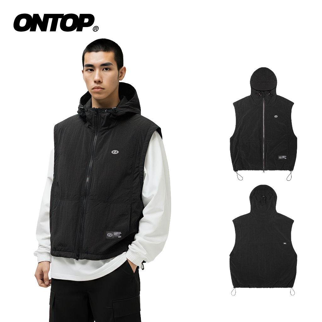 ONTOP เสื้อกั๊กร่มชูชีพสองชั้นสีดําสําหรับผู้ชายพร้อมเสื้อกั๊กมีฮู้ดไนลอน | โอ-และ1