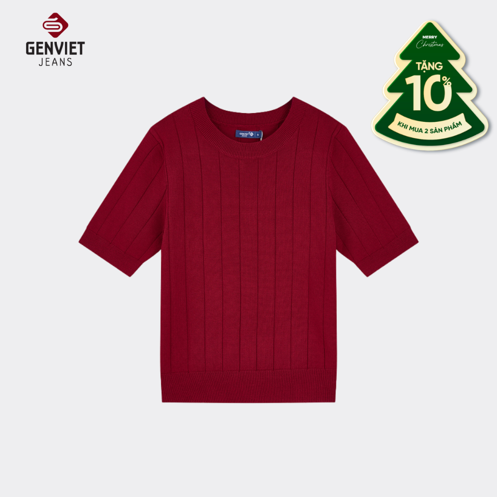 GENVIET JEANS เสื้อสเวตเตอร์แขนสั้นผู้หญิง คอกลม สีทึบพื้นฐาน DT2218I09065