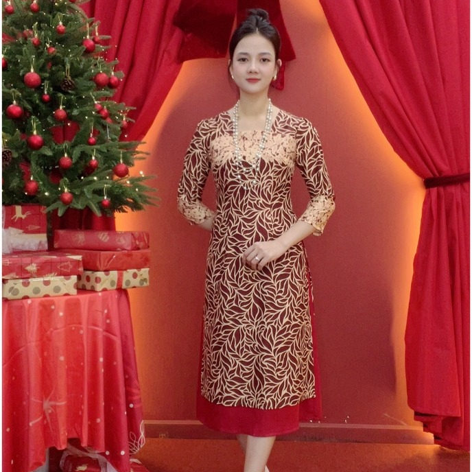 ทันสมัยวัยกลางคน ao dai - คอสี่เหลี่ยม แขนสั้น - ลายสีแดง - TTV2019