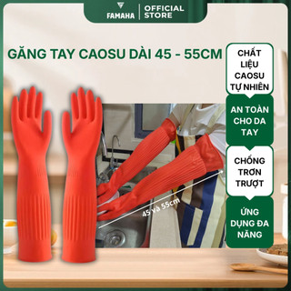 Găng tay cao su dài 55cm FAMAHA màu đỏ, chống hóa chất, bảo vệ da tay, dùng rửa chén lau dọn