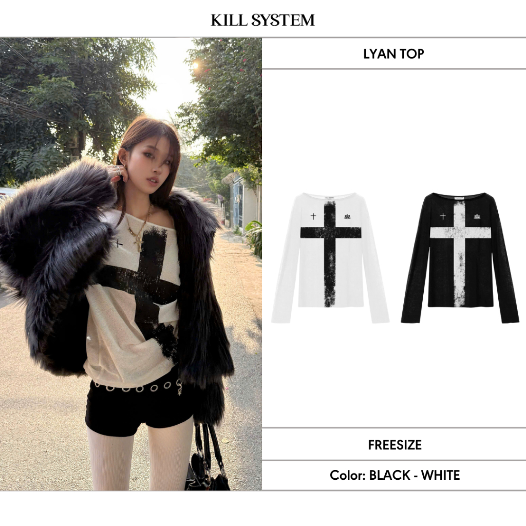 เสื้อยืดแขนยาวซีทรูพิมพ์ลายกากบาท LYAN - KILL SYSTEM