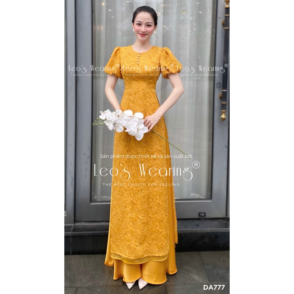 DA777 LEOSWEARING ผ้าไหมนูน ao dai พร้อมคอกลมและกระดุม 4 ตัว แขนพองสั้น จับคู่กับกางเกงกระโปรงผ้าไหม