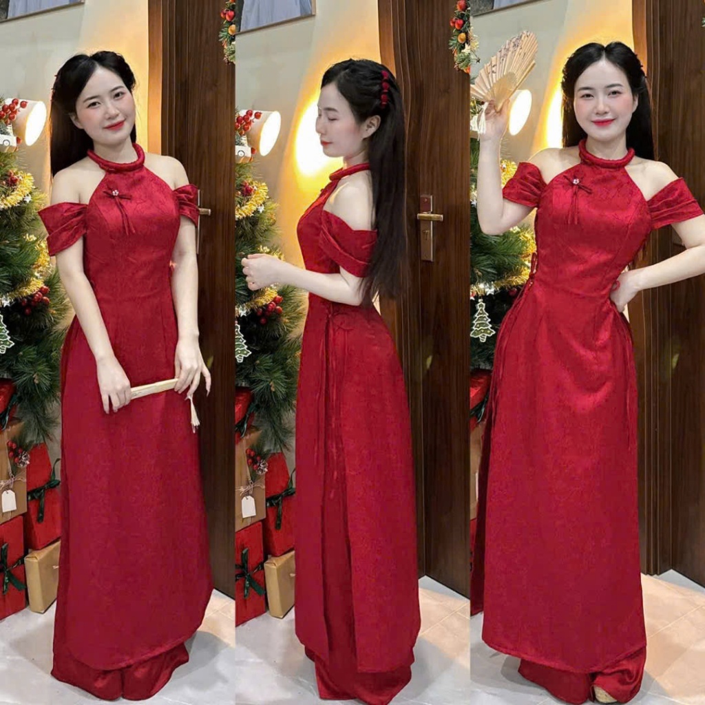 สีแดงหรูหราทันสมัย ao dai Set for Tet 2026, damask ao dai with off-the-shoulder คล้องคอและกางเกงผ้าไ