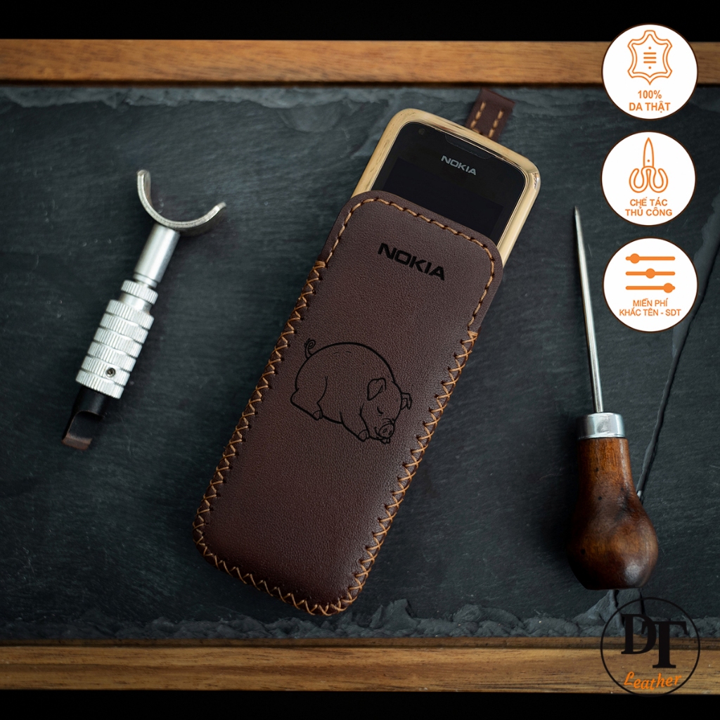 เคสโทรศัพท์หนังสําหรับ N0kia 6700, 8800 รุ่น - สลักด้วยภาพหมู - งานฝีมือจากหนังวัวแท้