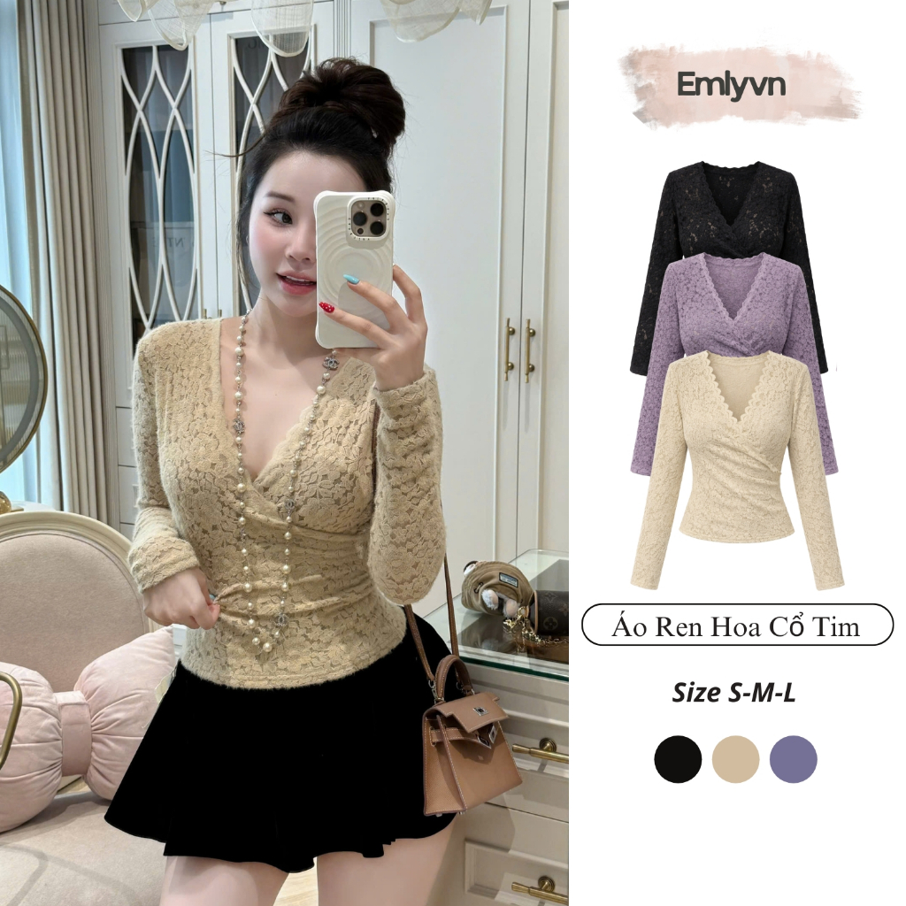 EMLY - Hot Hit ดอกไม้ลูกไม้คอเต่าแขนยาว Slim Fit 4-Way Stretch เสื้อ, เสื้อลูกไม้ผู้หญิงนุ่มและเรียบ, ไม่คัน