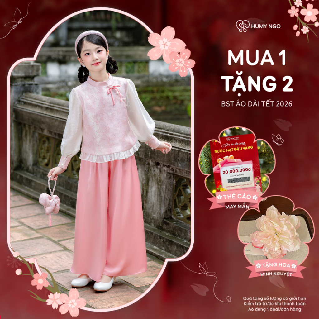 [HUMY NGO] - ชุดจับคู่แม่และเด็กสําหรับ Tet 2026 - เสื้อคอจีนผ้าโบรเคดแขนชีฟองและกางเกงสีชมพูพาสเทล 