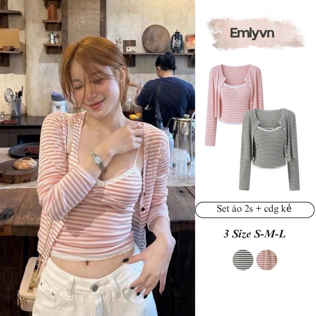 EMLY - ชุดเสื้อเชิ้ต 2s พร้อมคาร์ดิแกนลายทางสีชมพูบางของผู้หญิง น่ารักและน่ารักสุด ๆ คาร์ดิแกนลายทางยืด 4 ทาง