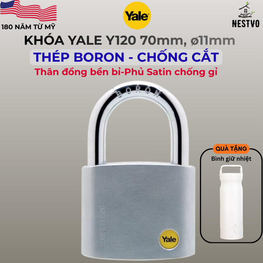 YALE/American Y120 ล็อคขนาด 70 มม. - เหล็ก BORON ป้องกันการตัดแข็งพิเศษ - กุญแจล็อคประตูกันขโมย