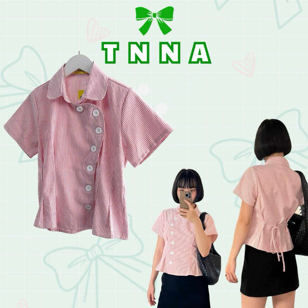 Tna_เสื้อเชิ้ตสตรีลายทางคอปกบัวแขนสั้นติดกระดุมทรงสลิมน้ําหนักเบาสไตล์เกาหลี