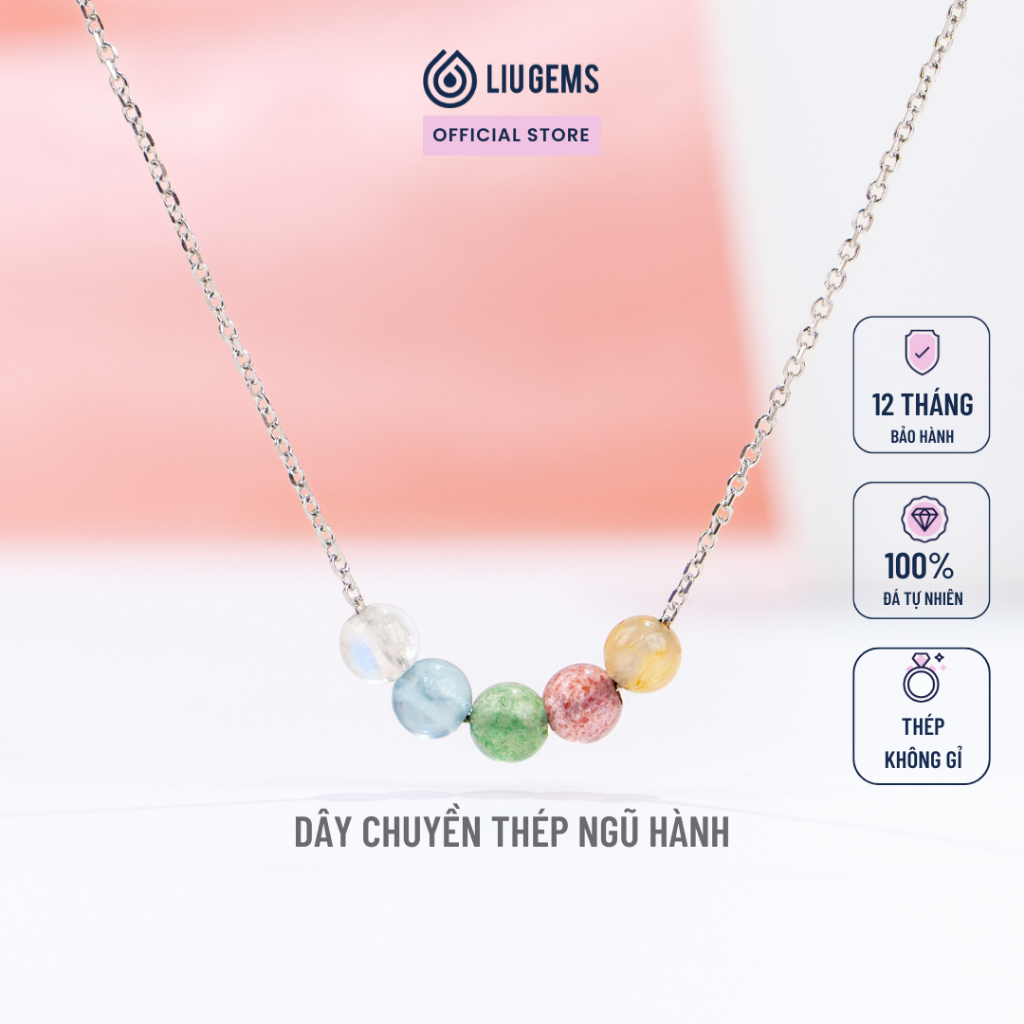 Liugems สร้อยคอสแตนเลสผสม 5 หินธรรมชาติ Balanced ห้าองค์ประกอบบวกความหมาย DCT05