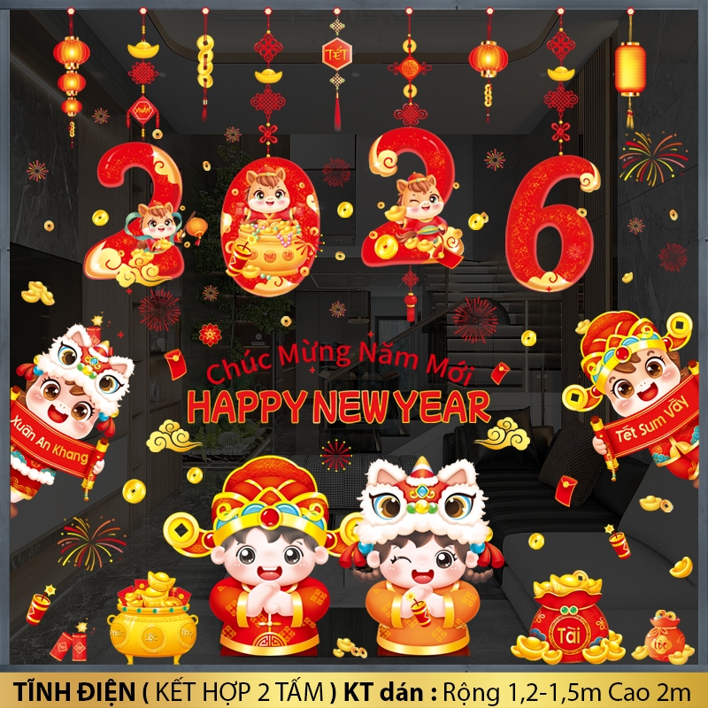 Electrostatic 2026 Tet Decal สําหรับตกแต่งประตูกระจกมองหลังสองด้าน รหัส T31+T41