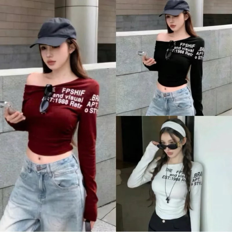 [Peinn] เสื้อยืดเปิดไหล่แขนยาวฤดูหนาว FALL พร้อมพิมพ์ LETTERS BOONG STORE LDL HT2025.58