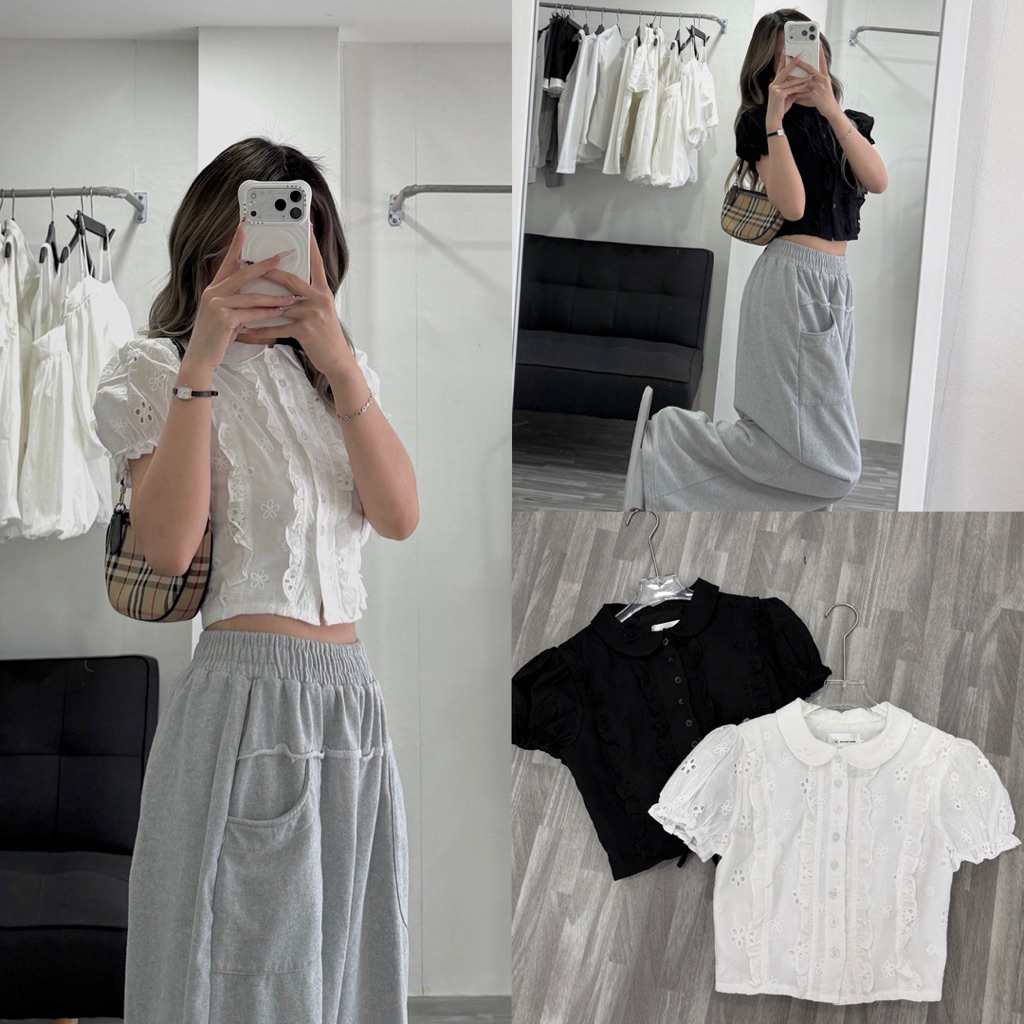 JIINE TOP - เสื้อเบลาส์ DEROSE ผ้าปักคู่ 2 ชั้นพัฟแขนพร้อมเอวมีเชือกผูกรูปที่สวยงาม