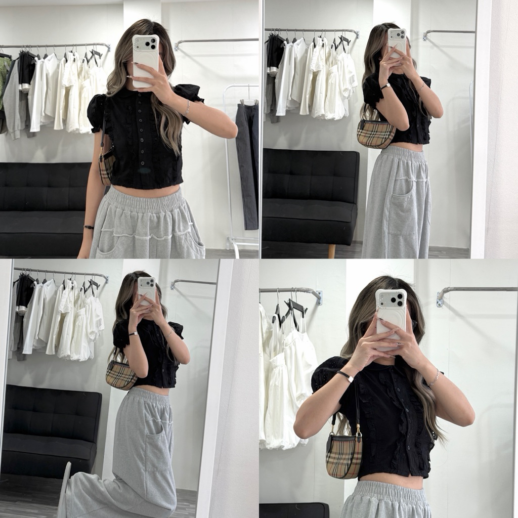 JIINE TOP - เสื้อเบลาส์ DEROSE ผ้าปักคู่ 2 ชั้นพัฟแขนพร้อมเอวมีเชือกผูกรูปที่สวยงาม - รูปที่ 3