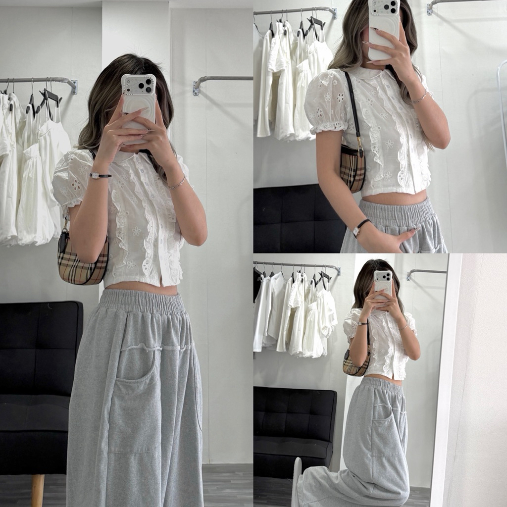 JIINE TOP - เสื้อเบลาส์ DEROSE ผ้าปักคู่ 2 ชั้นพัฟแขนพร้อมเอวมีเชือกผูกรูปที่สวยงาม - รูปที่ 7