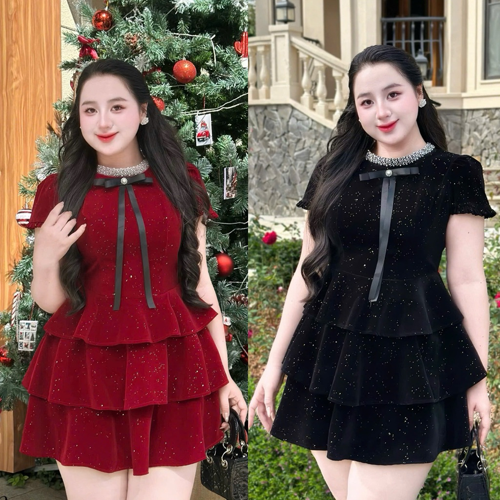 (ดํา-แดง) หรูหราขนาดใหญ่ 50-90KG เดรสกํามะหยี่ ทรงแฮ็ก คอนซีลเลอร์ - D289 - U Xinh Store (Glitter Ve