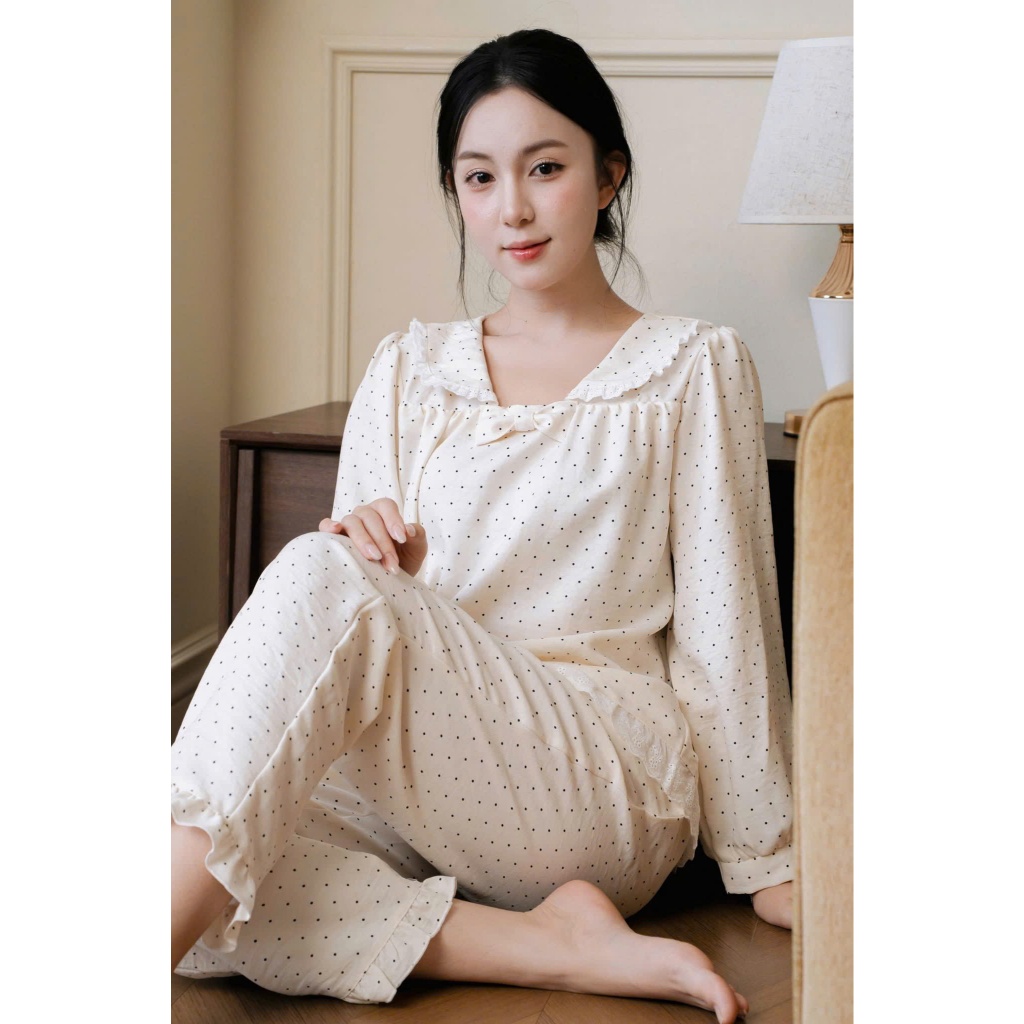 BAE MALI - SP1035 ชุดใส่อยู่บ้านลายจุดพร้อมกางเกงขายาวคอปกโบว์