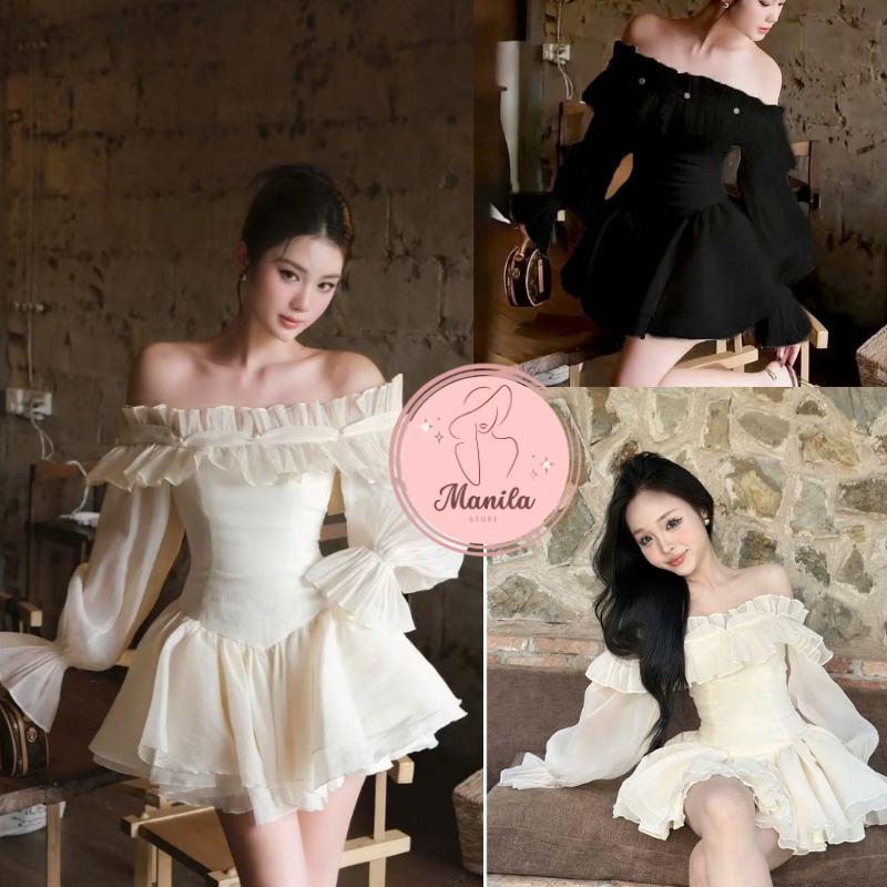 [GIVE PANTS/READY] เดรสปาดไหล่แขนยาวสุดเซ็กซี่ เดรสผ้าไหมเจ้าหญิงประดับมุก - MV168 MANILA