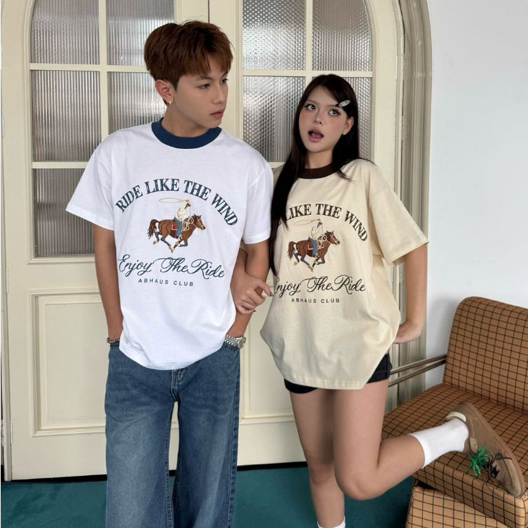 AB HOUSE - HORSE เสื้อยืดทรงหลวมสําหรับผู้ชายและผู้หญิง